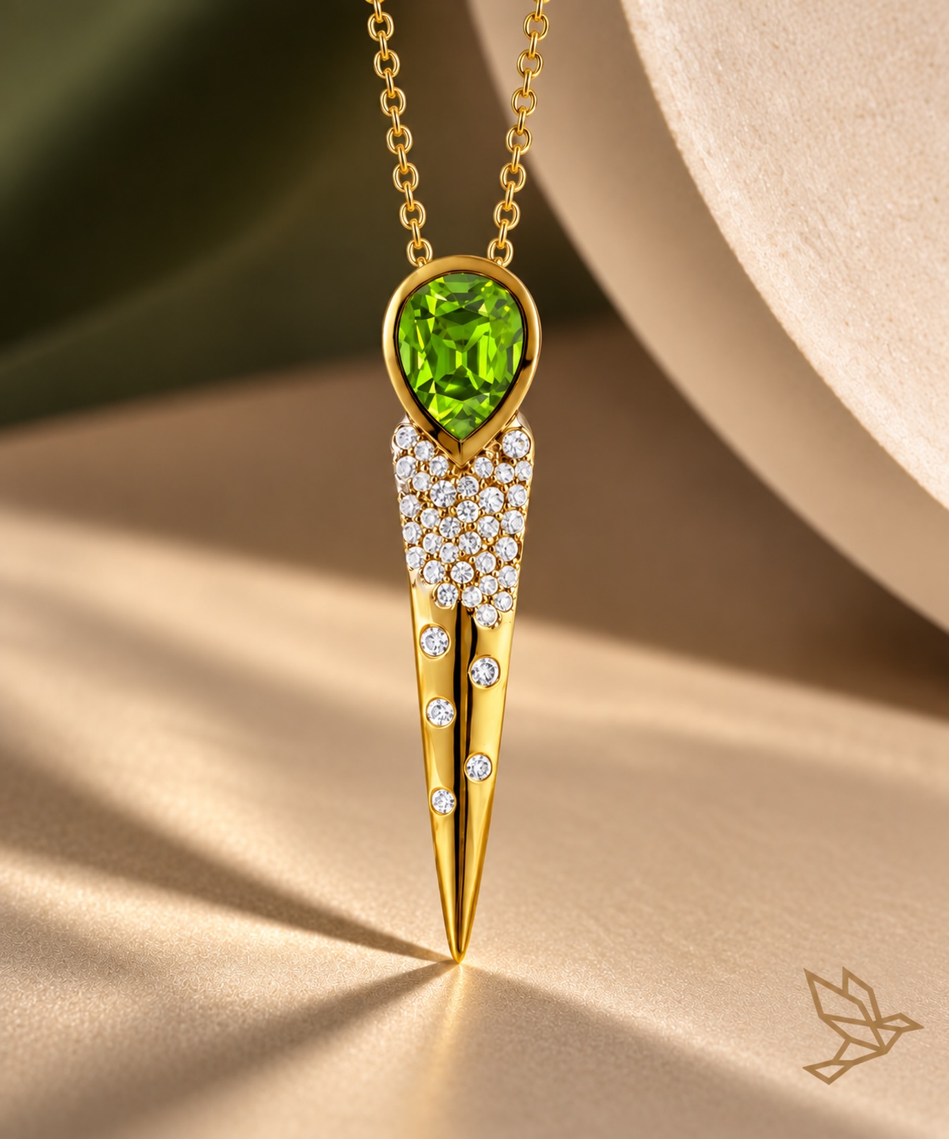 Sculpted gold, scattered diamonds, and peridot meet in this pointed statement necklace.…